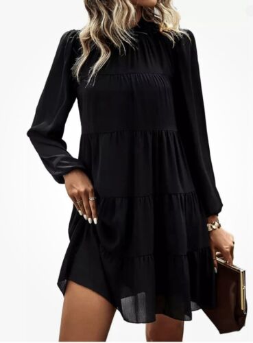 KIRUNDO Size M Black Long Sleeve Ruffle Mock Neck Tiered Mini Dress NWT