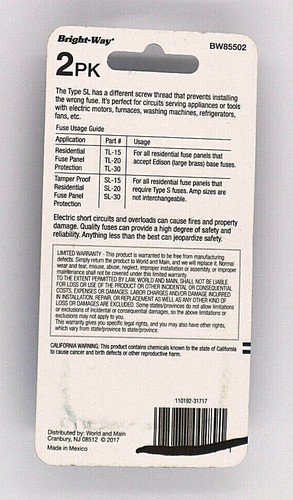 Paquete de 2 fusibles Bussmann Bright-Way 20 amperios tipo enchufe SL *Nuevo* Nuevo stock antiguo - Imagen 2 de 2