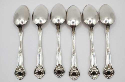 Holmes & Edwards Silver Inlaid Pat. '04 Roses 6" Spoons Pierced Handle Set of 6 - Picture 4 of 10