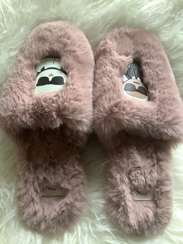 Karl Lagerfeld Paris Lucile I21 Kunstfell Hausschuhe Damen Größe 8M Rosa Flauschig 🌺