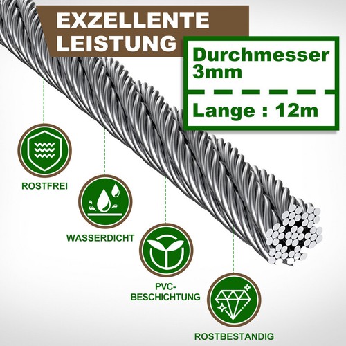 Rankhilfe Edelstahl Drahtseil Rankgitter Seilsystem Rankseilsystem Set 12M - Bild 5 von 10