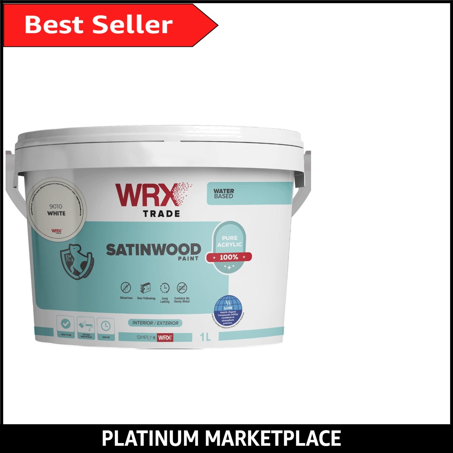 WRX Trade Water-Based Satinwood Paint - Brilliant White 1L, Fast-Drying Finish