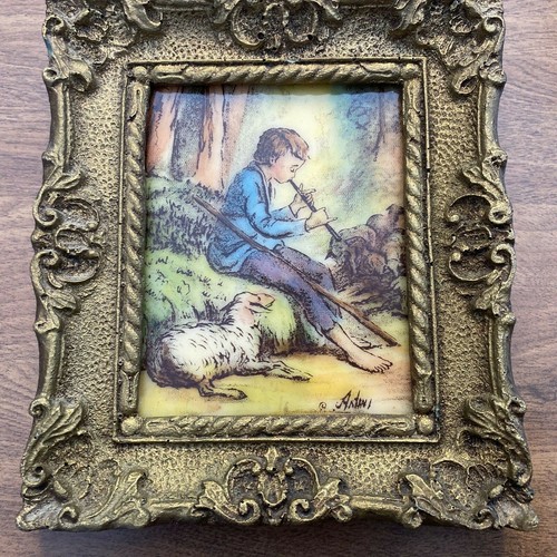 Flauta tocando vintage Antini niño pastor con arte de ovejas decoración de pared enmarcada T7 - Imagen 4 de 12