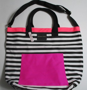 pink bolsa Nwt White Acentos W Black Tote Striped Victoria Secret Tote x4wqpx0v