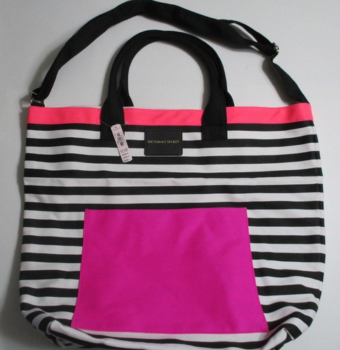 pink bolsa Nwt White Acentos W Black Tote Striped Victoria Secret Tote x4wqpx0v