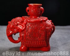 6.8" Old Chinese Red Lacquerware Dynasty Palace Elephant Flower Bottle