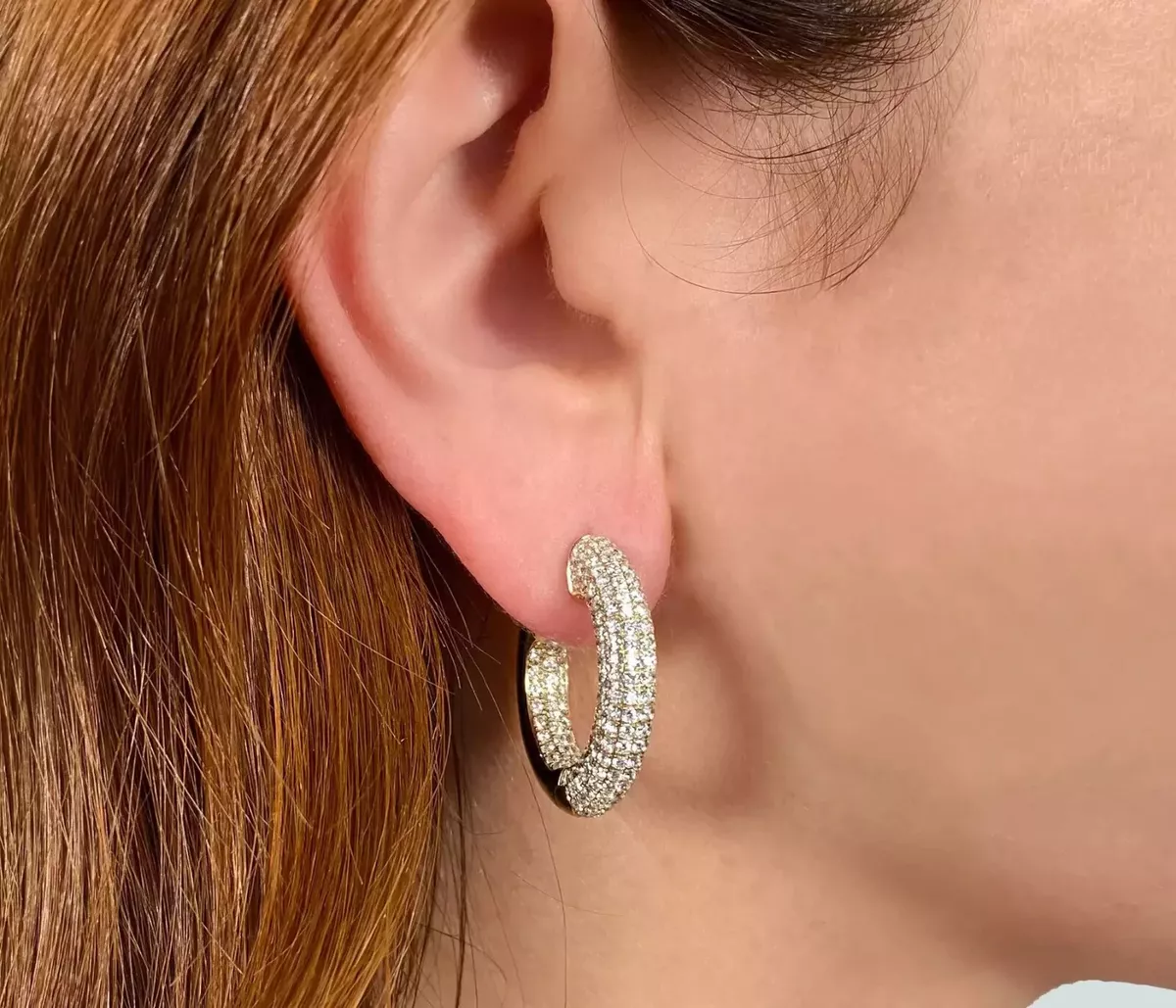 14K Yellow Gold Diamond Pave Hoop Earrings Inside Out 3.94 CTW Natural Round Cut