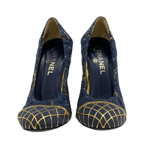 CHANEL Authentic Pumps Shoes Tweed Coco Mark Navy Gold Color Size 37.5 Heel 9cm