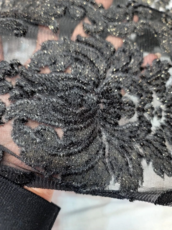 Embroidered Stretch Lace Apparel Fabric Sheer Black Floral Gold Accent - 52" Wid - Image 4 of 4