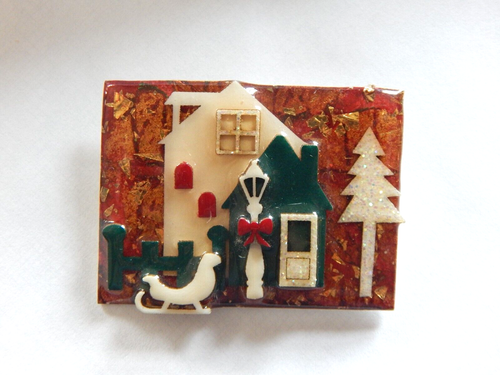 VTG HOUSE PINS by LUCINDA CHRISTMAS HOLIDAY WINTER TREE SLEIGH BROOCH - Picture 3 of 10
