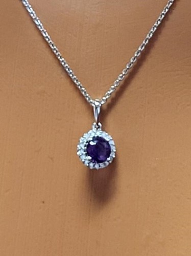 Sterling Silver Natural Amethyst CZ Cubic Zirconia Halo Pendant Necklace - Picture 5 of 8