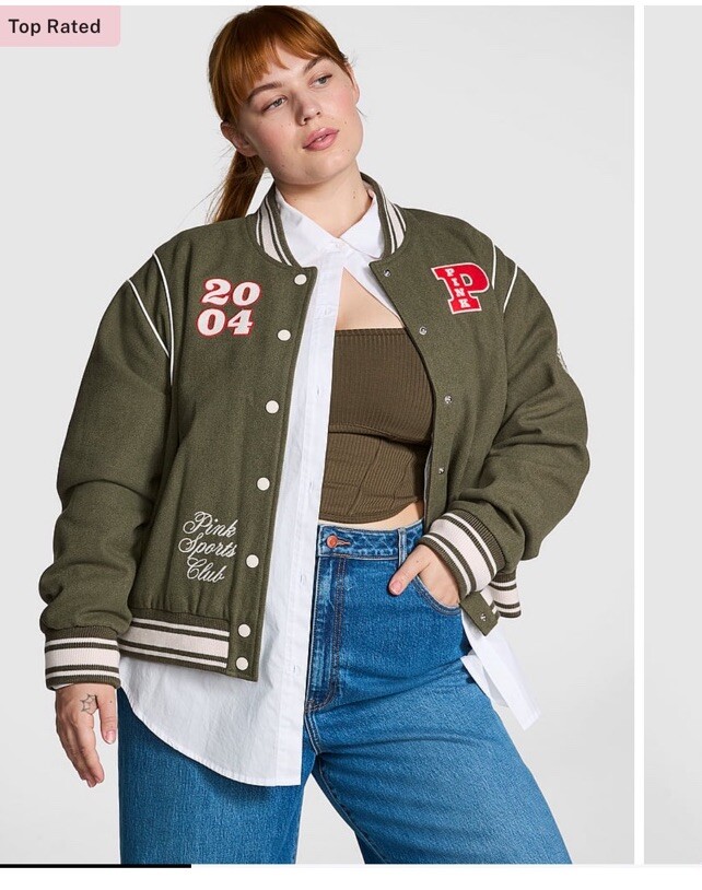 Victoria's Secret Pink Iconic Varsity Jacket Snap Closure Olive