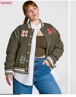 Victoria's Secret Pink Iconic Varsity Jacket Snap Closure Olive