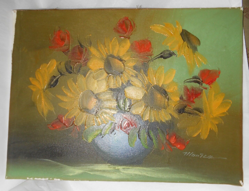 Vintage (Mid Century) ungerahmtes Original Ölgemälde Sonnenblumen 12 x 16 Zoll - Bild 4 von 4