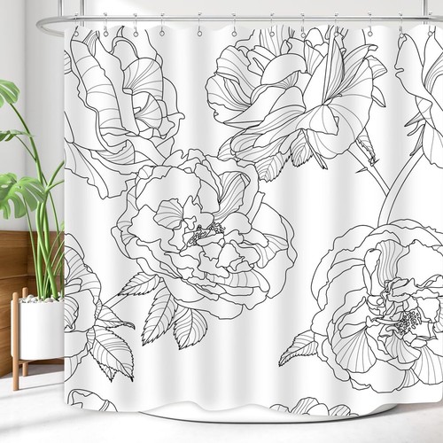 Floral Black and White Shower Curtain Rose Flower Blossom Line Sketch Nature ... - Picture 4 of 7