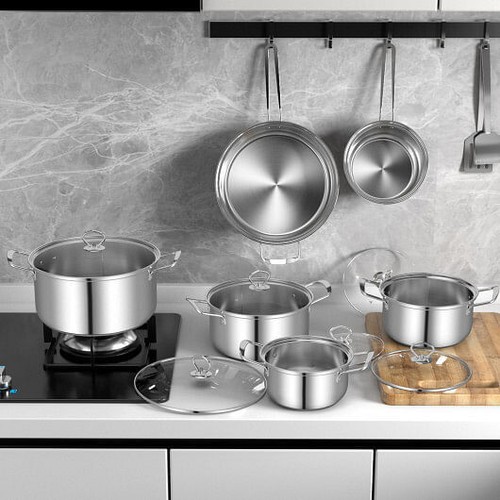 12 Piece Pots and Pans Set with Tempered Glass Lids and Handles - Color: Silver - Picture 2 of 5