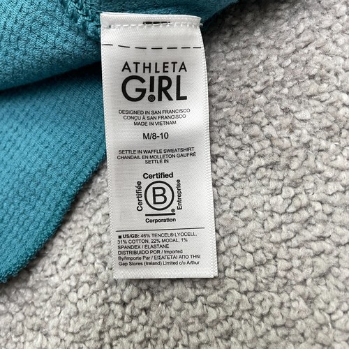Athleta Girl Waffle Knit 1/4 Snap Button Sweatshirt Medium Teal Blue Thumbholes - Picture 7 of 14