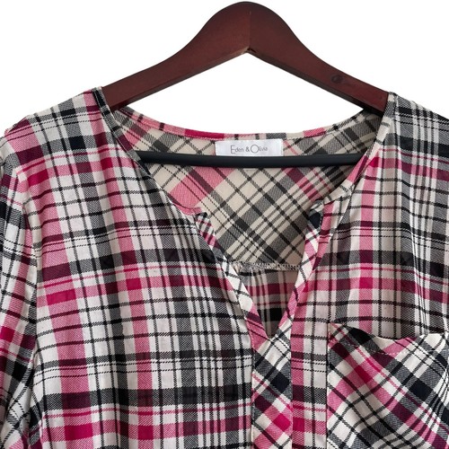 Eden & Olivia Top Women L Black Red Split Neck 3/4 Roll Tab Sleeve Plaid Popover - Picture 6 of 14