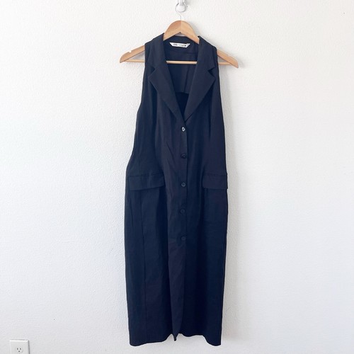 Zara Linen Blend Minimalist V-Neck Button Down Midi Dress in Black size XL