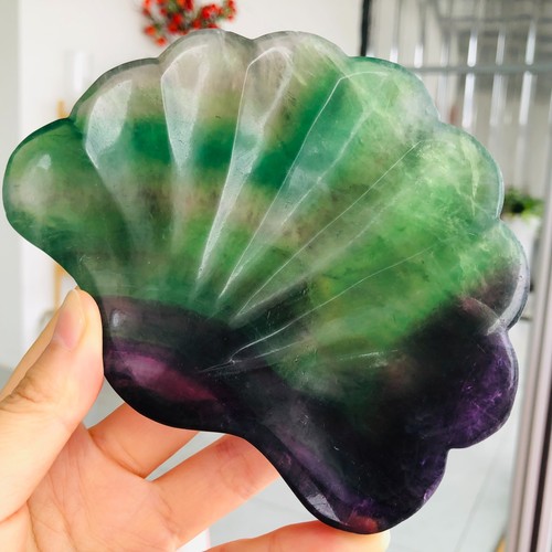 502g Natural Colour Fluorite Quartz Crystal Carved Shell Bowl Healing G991 - Picture 13 of 14