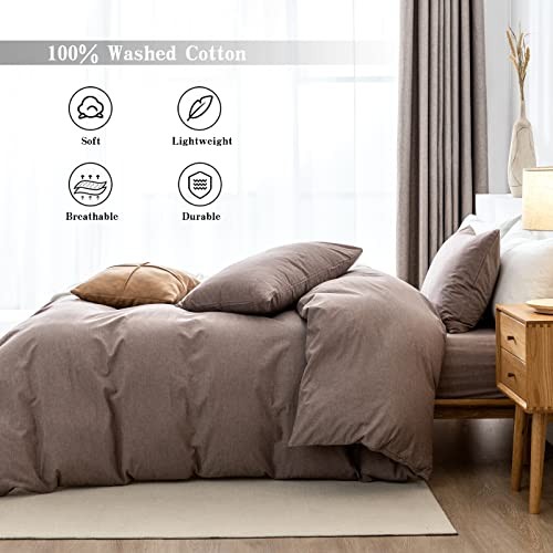 Duvet Cover Set- 100% Washed Cotton 3 Pcs Soft Comfy King Mauve Brown - Picture 5 of 7
