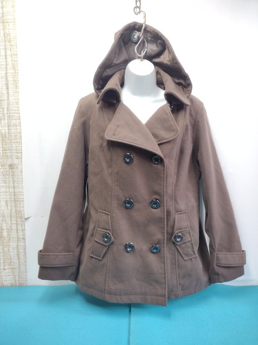 George Peacoat Women Sz L (12-14) Brown Jacket Detachable Hooded Double Breasted - Picture 2 of 12