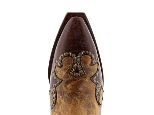 Sandfarbene Damen-Westernstiefel halbhoch Nieten abgenutztes Leder Rodeo durchbrochene Zehenpartie - Bild 3 von 5