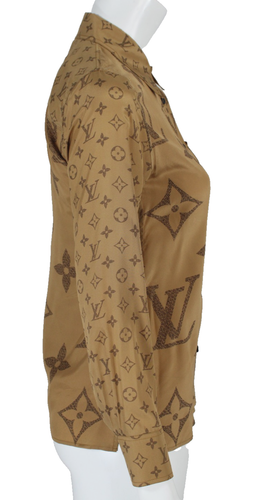 Camicetta LOUIS VUITTON bronzo marrone monogramma stampa logo crepe bottoni-fronte 34 - Foto 3 di 7