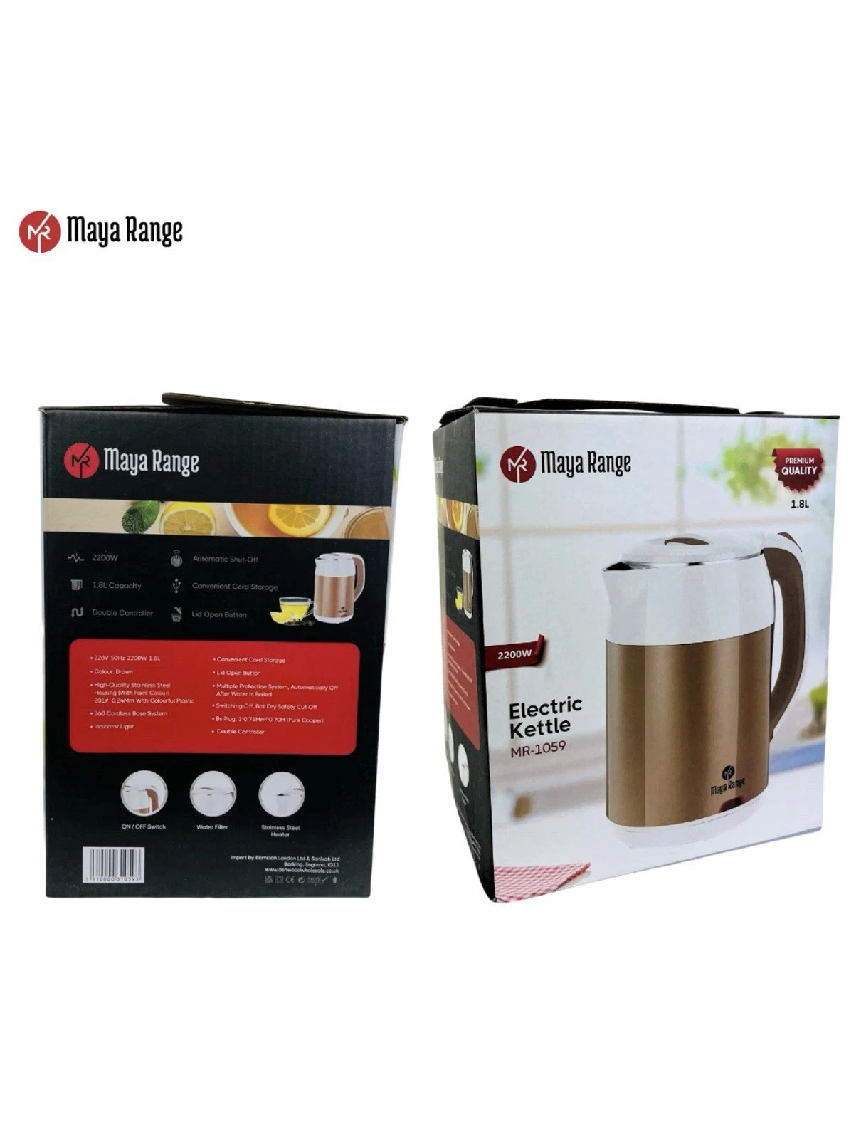 Maya Range Electric 1.8L Cordless Kettle Fast Boil 2200 W Safety Auto Shut Off