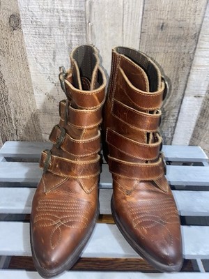 Steve Madden Western Ankle Booties Women s 6.5 Brown Leather Buckle Boots