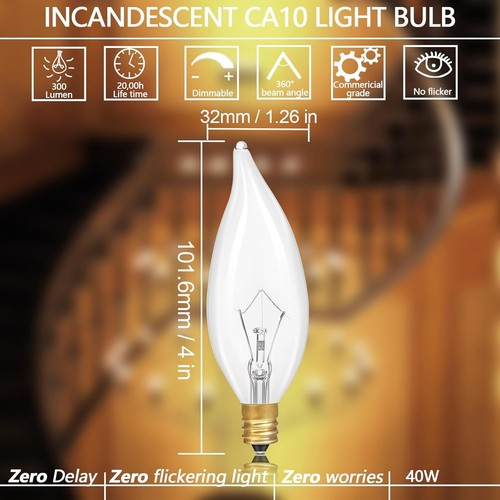 E12 Incandescent Light Bulbs 40Watt Warm White 2700K, 300 Lumens Candelabra - Picture 6 of 6