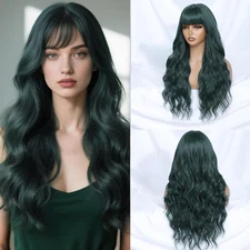 Long Dark Green Wig w/ Bangs 26" Wavy Heat Resistant Synthetic Hair for Women