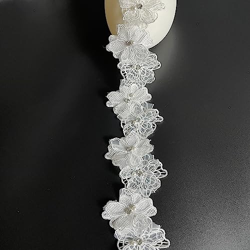 8CM Width 3D Flower Lace Trim Pearl Beads Floral Embroidered Lace Trim Fabric - Picture 5 of 6