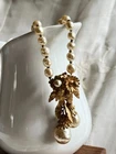 Signed Miriam Haskell Faux Pearl Necklace Gold Leaf Baroque Pearl Drop Pendant