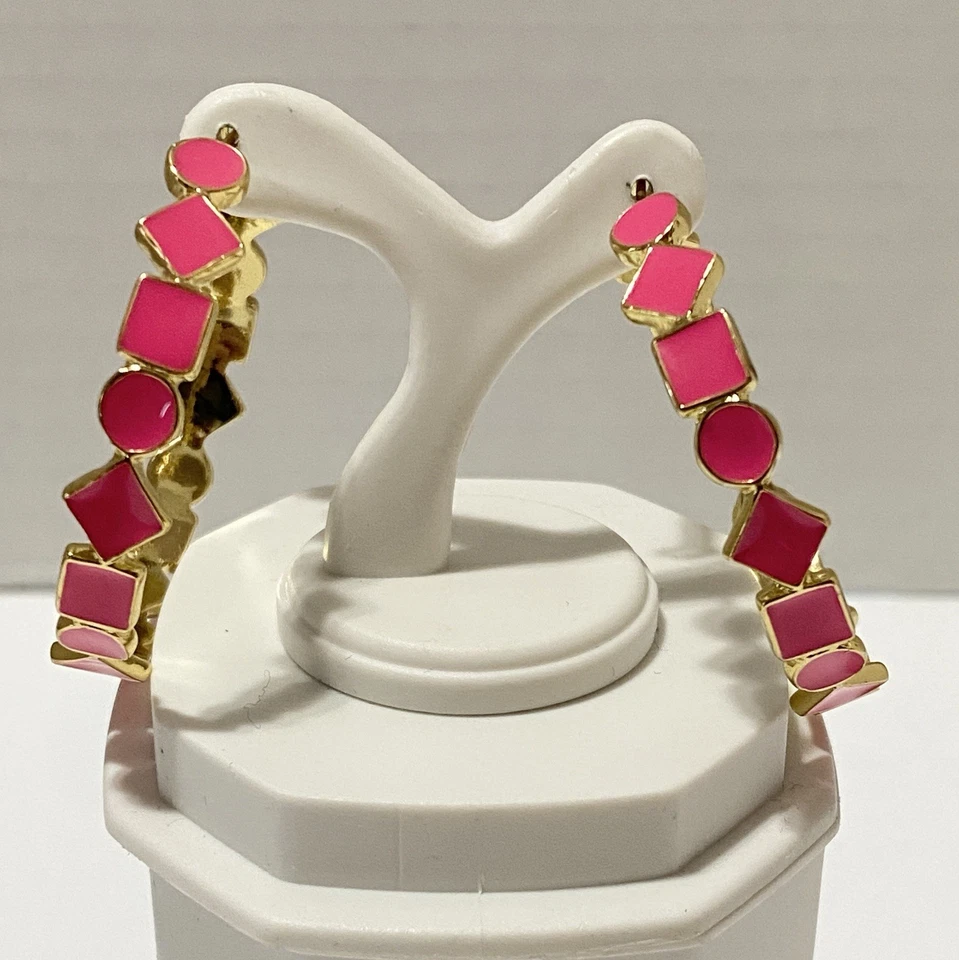 KATE SPADE New York Pink Flo Cubetti Hoop Pierced Earrings - Gold Plated Enamel - Image 2 of 4