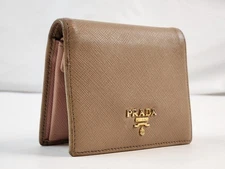 Authentic Prada Wallet Bifold Bag Beige Leather Saffiano Pouch Coin Credit Card