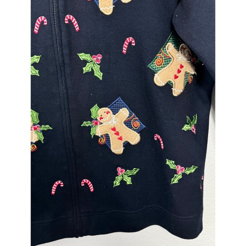 Karen Scott VTG 90s Navy Blue Gingerbread Holiday Christmas Zip Up Sweater Sz 1X - Picture 3 of 9