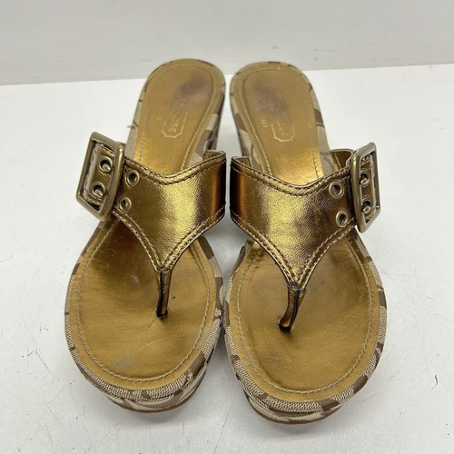 COACH Sherri Platform Wedge Monogram Sandals Brown Gold Buckles Size 7M Y2K - Picture 3 of 12