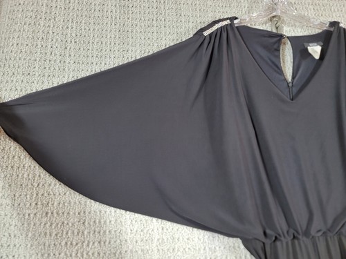 MSK Womens Wide Leg 3/4 Batwing Sleeves Belted Jumpsuit Sz L Black w Rhinestones - Picture 5 of 17
