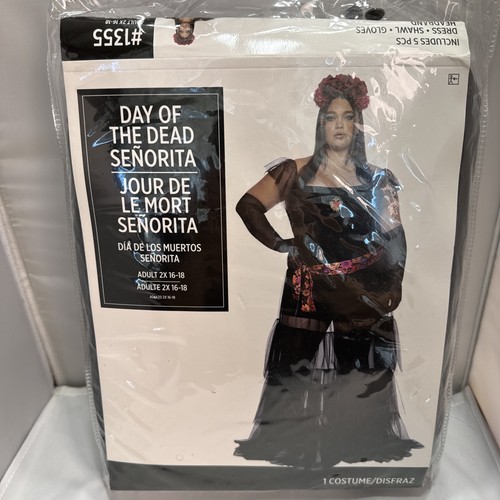 DAY OF THE DEAD SENORITA Costume Donna 2X 16-18 Messicano Dia Muertos 5 Pezzi NUOVO - Foto 4 di 4