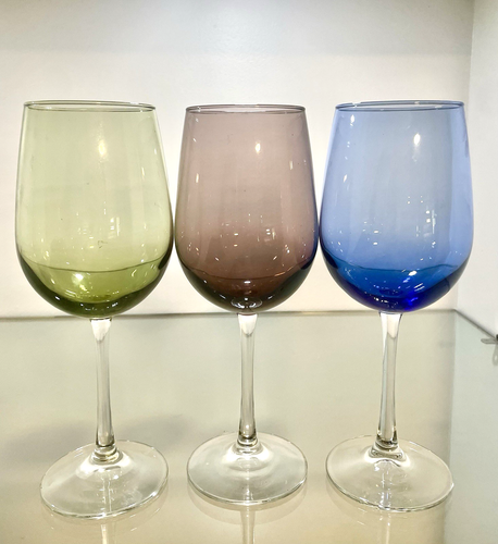Set of  3 Color Goblets Water Wine Glasses 9" Tall Clear Stem Blue Purple Green