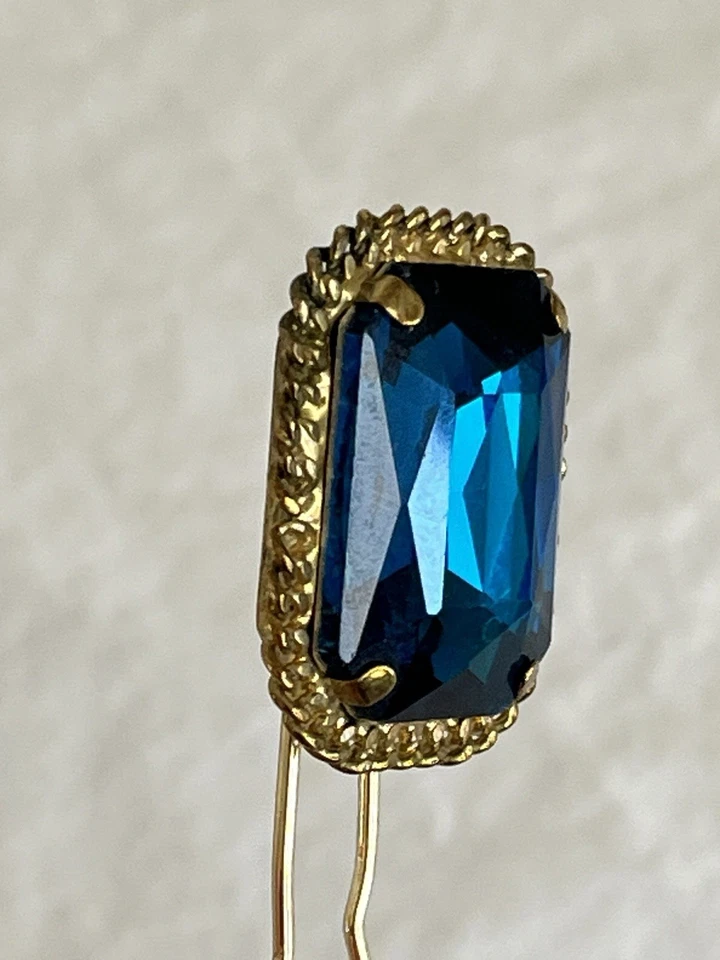 Pin de pelo francés hecho a mano cabujón acrílico azul joyería vintage Foto 3 de 4