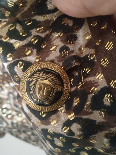 Aris A. Damen Smoking Blazer Seide Metallic Gepardenmuster gefüttert Medusa Knöpfe - Bild 9 von 10
