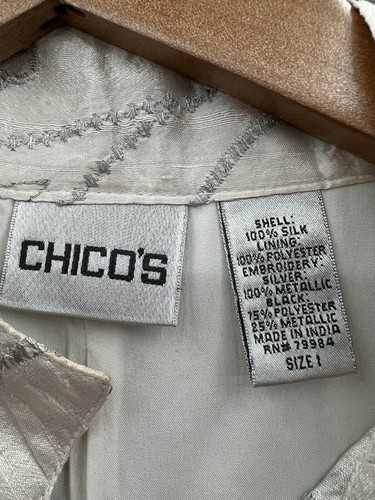 Chico’s Jacket Women’s 1 (Medium) Silk White Silver Metallic Embroidered Artsy - Picture 10 of 10