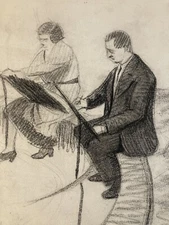 Beau Dessin Ancien Fusain Femme Cours Homme Jean Dreyfus Stern 1930 Art Atelier