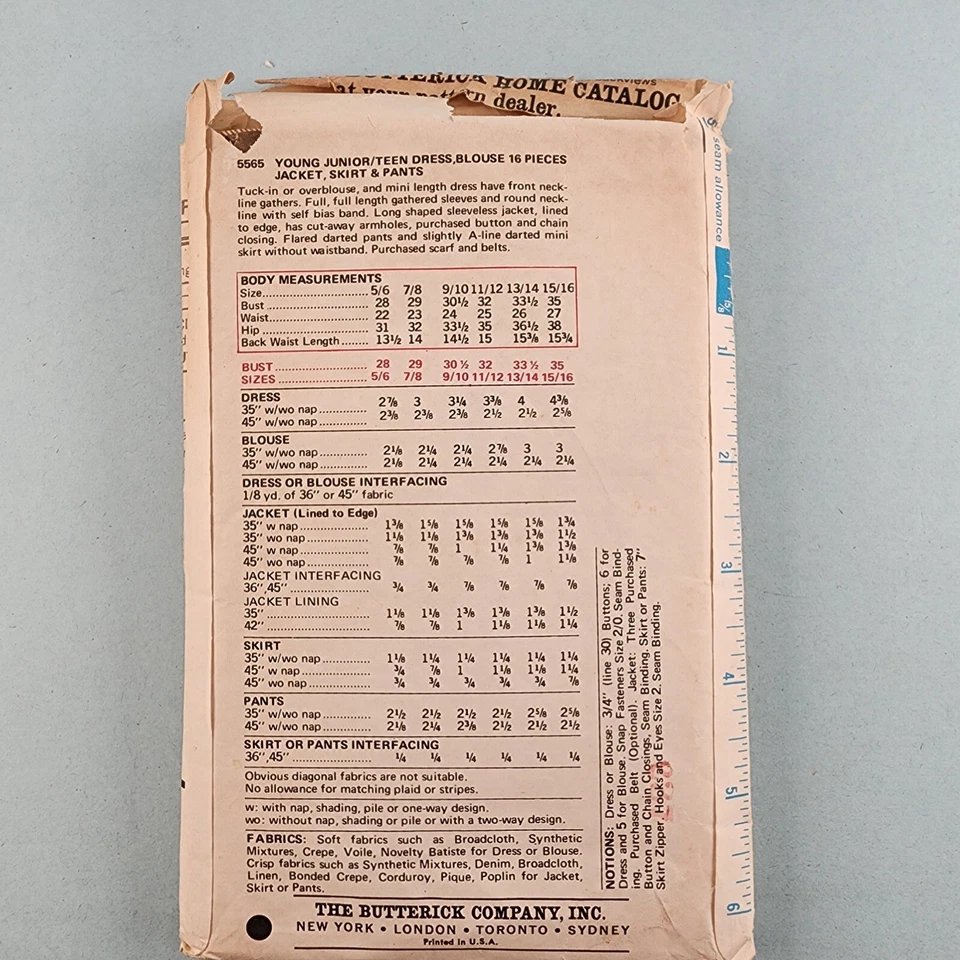 Butterick 5565 Vintage Patrón de Costura 1970 Mod Junior Adolescente Mini Vestido Chaleco Pantalones Foto 2 de 3