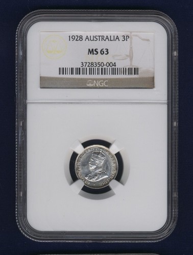 AUSTRALIA 1928 THREEPENCE SILVER COIN, CHOICE UNCIRCULATED CERTIFIED NGC MS-63