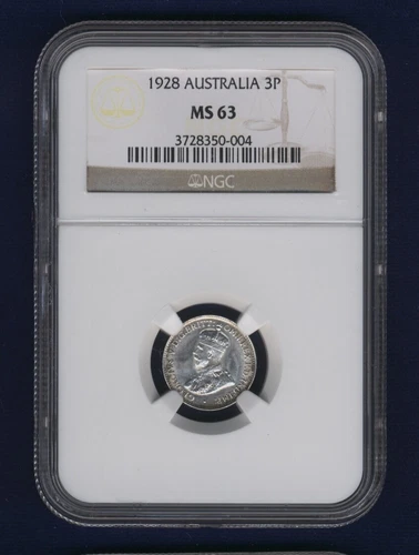 AUSTRALIA 1928 THREEPENCE SILVER COIN, CHOICE UNCIRCULATED CERTIFIED NGC MS-63