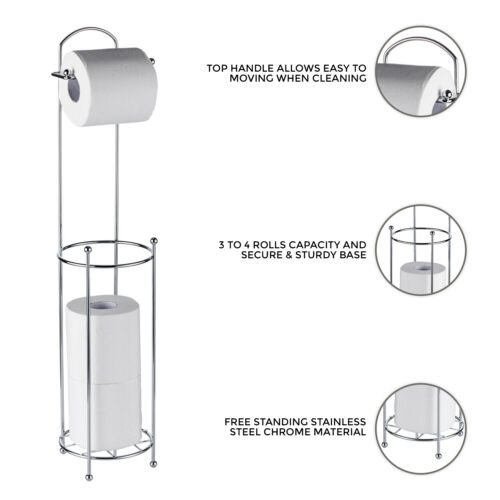 4 ROLL FREE STANDING TOILET PAPER TISSUE CHROME DISPENSER STORAGE HOLDER STAND - Picture 6 of 7