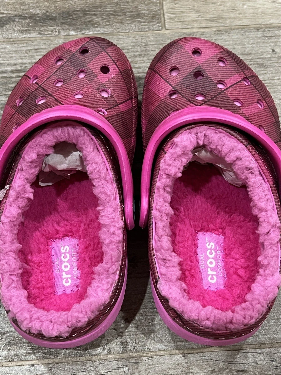NEW CROCS C10 GIRLS CLASSIC PINK PLAID LINED CLOG. STYLE 203508 eBay